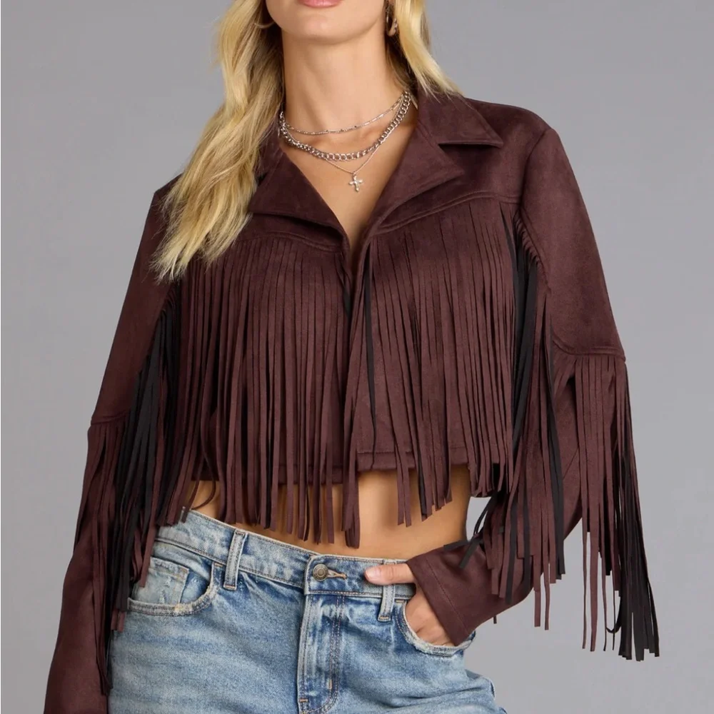 NWT Western Flair Fringed Brown Cropped Faux Suede Jacket Size XL - Picture 1 of 15